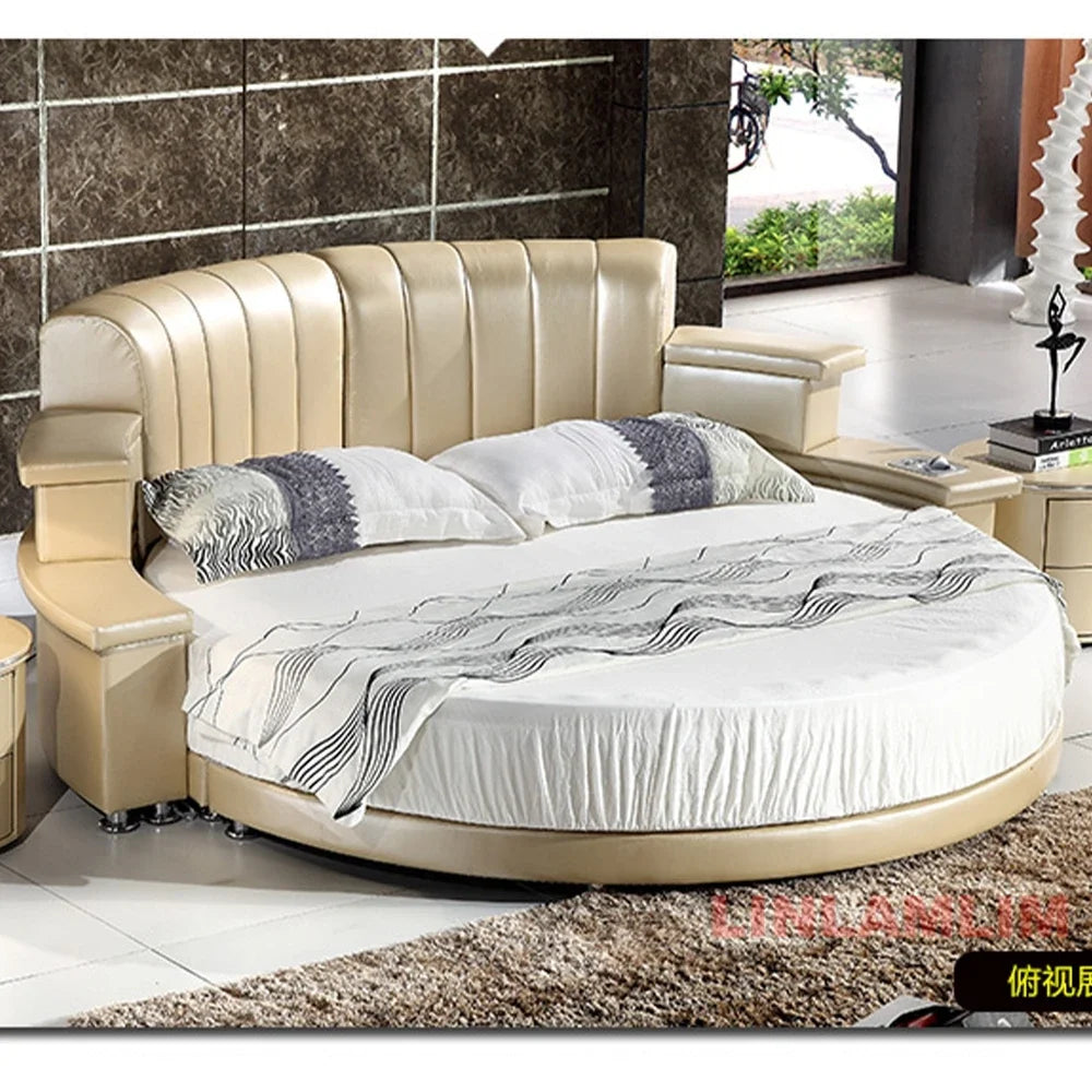 MINGDIBAO Nordic Genuine Leather multifunctional round Bed Frame with LED Light Bluetooth Speaker iPhone Charge USB Ultimate Bed