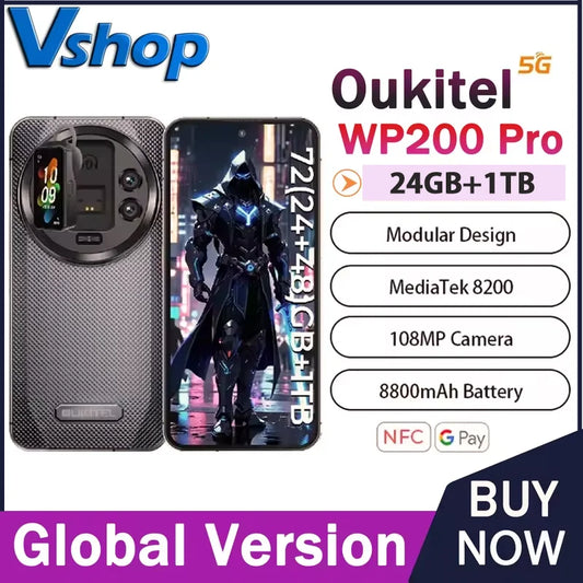 Oukitel WP200 Pro 5G Rugged Phone Modular Design Detachable Earphone watch 24GB+1TB 6.7" Android 15 MTK8200 108MP 5G Smartphone