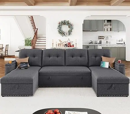 112" Sectional Pull Out Couches for Living Room with LED Lights & USB Port- Sleeper Sofa Couch w/Storage Chaise & Storage Armre