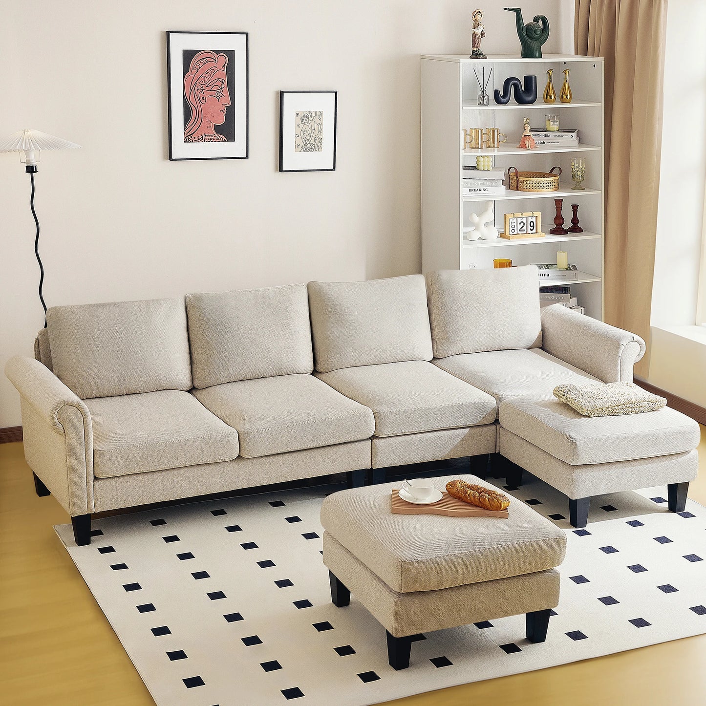Redlife 108" Sectional Sofa w/ Chaise Living Room Sofa Convertible 4 Seat L-Shape Sofa Set Fabric Sectional Couch w/ Two Ottoman