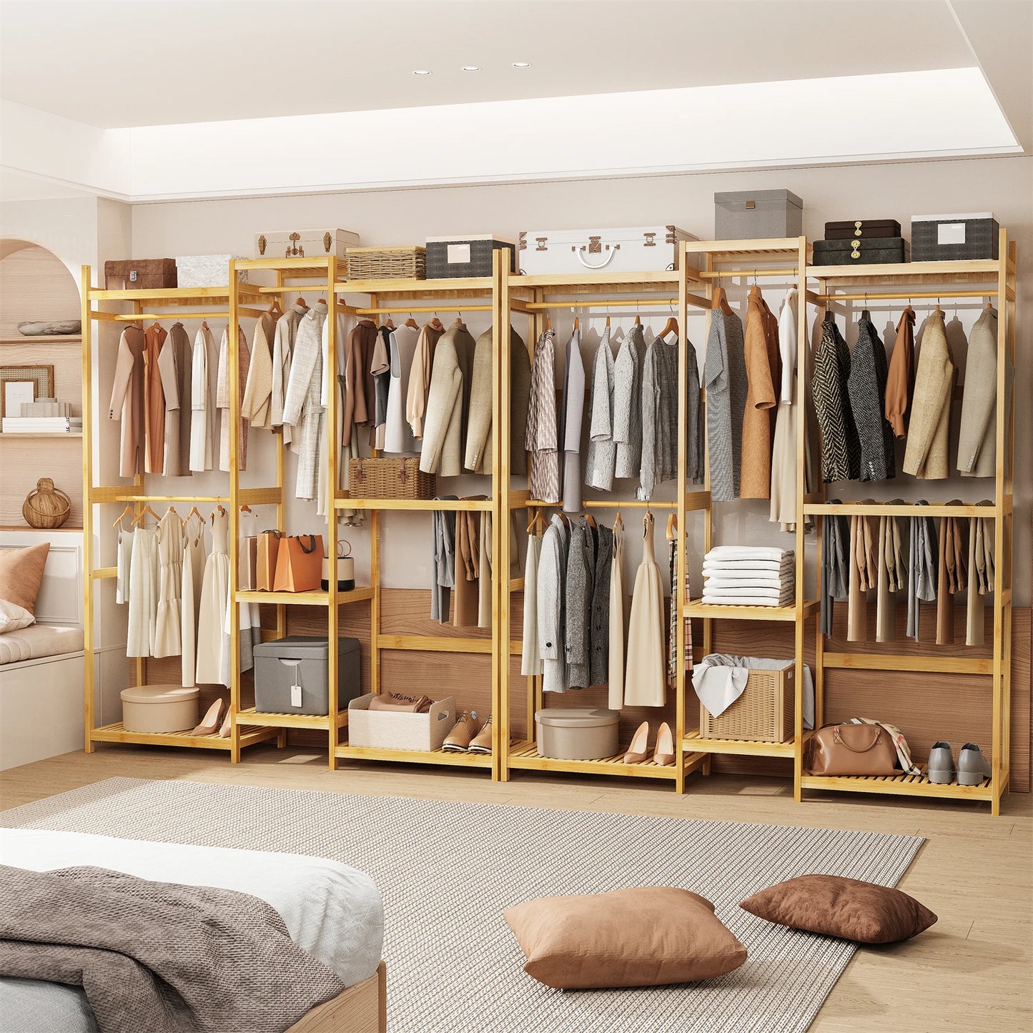196cm Tall Bamboo Garment Rack Freestanding Clothing Stand Hanging Rod with Shelves Open Wardrobe Organizer for Bedroom Closet
