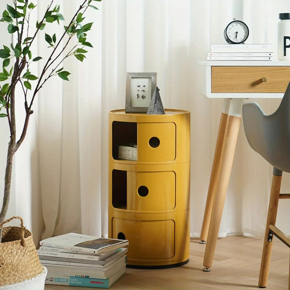 Round Cabinet with Sliding Doors - Multi-Tiered Round Storage Unit for Living Room Bedroom