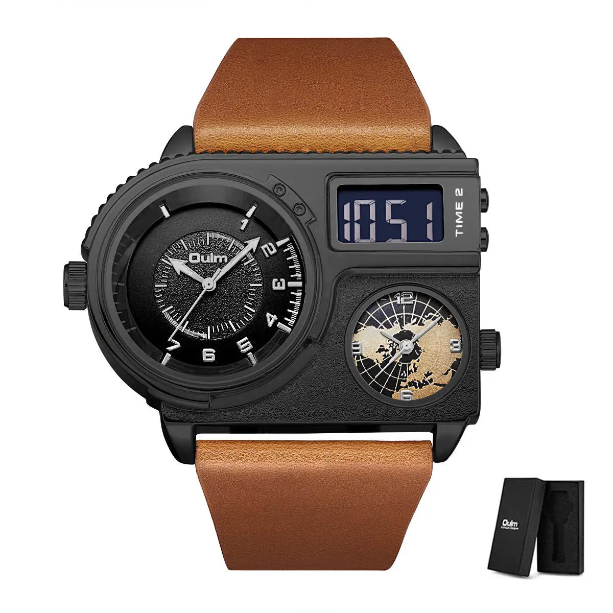 Oulm 5026 Watch Dual Display Two Time Zone Quartz Male Big Wristwatch Men's Genuine Leather Watches