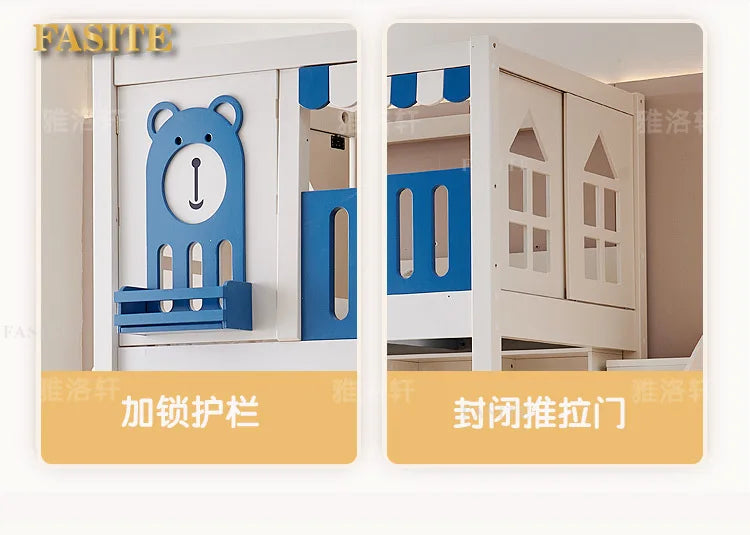 Children's bunk wooden bed Girl with wide and high guardrail with slide Small apartment Castle treehouse bed