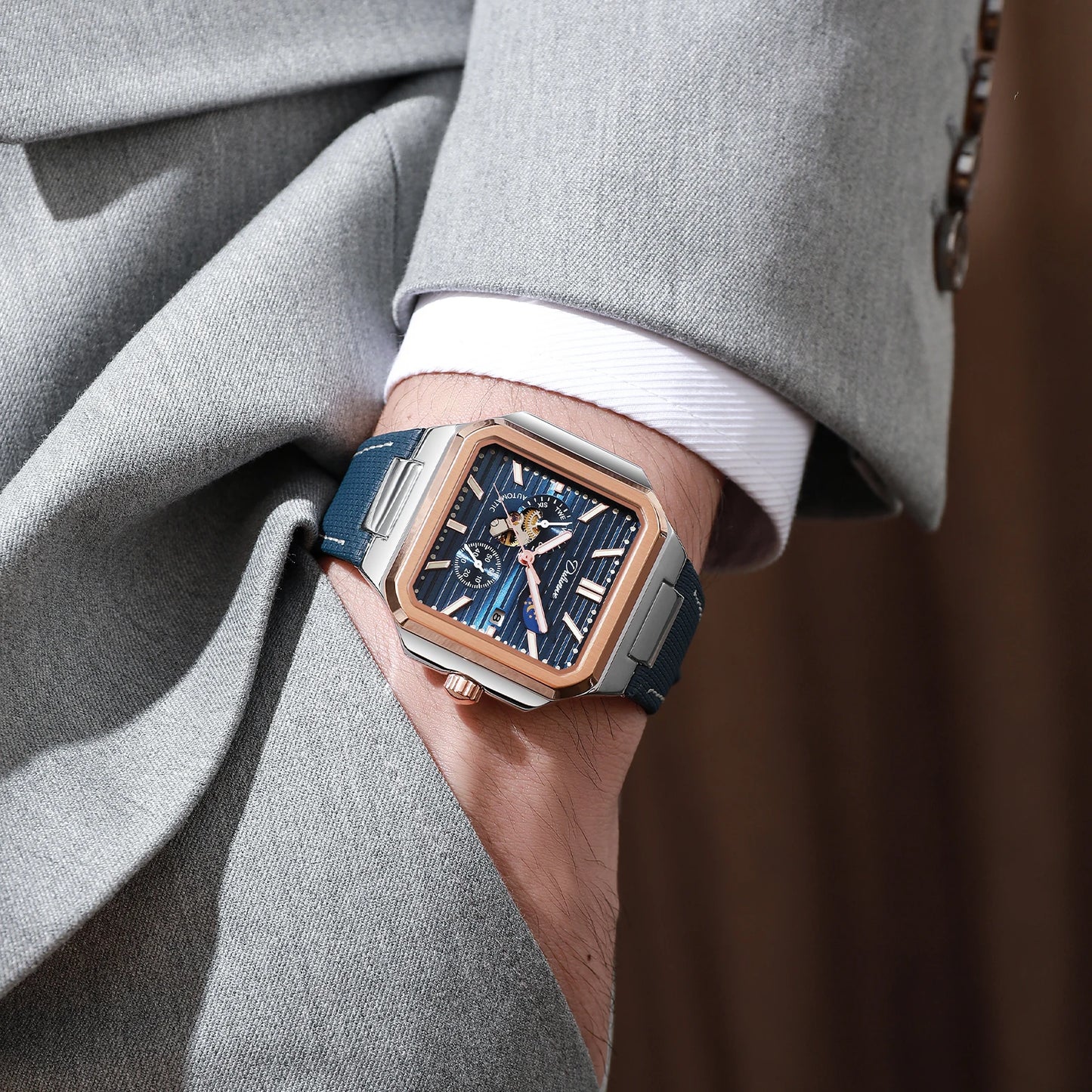 Dulunwe Fashion Men's Watch Automatic Mechanical Multi-function Small Dial Square Design 30M Waterproof Top Brand Wristwatches