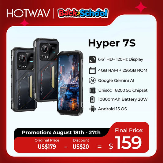 HOTWAV Hyper 7S Rugged Phone Android 15 10800mAh 20W Mobile Phone 5G Global Version 4GB 256GB Smartphone 6.6'' 120Hz Cellphone