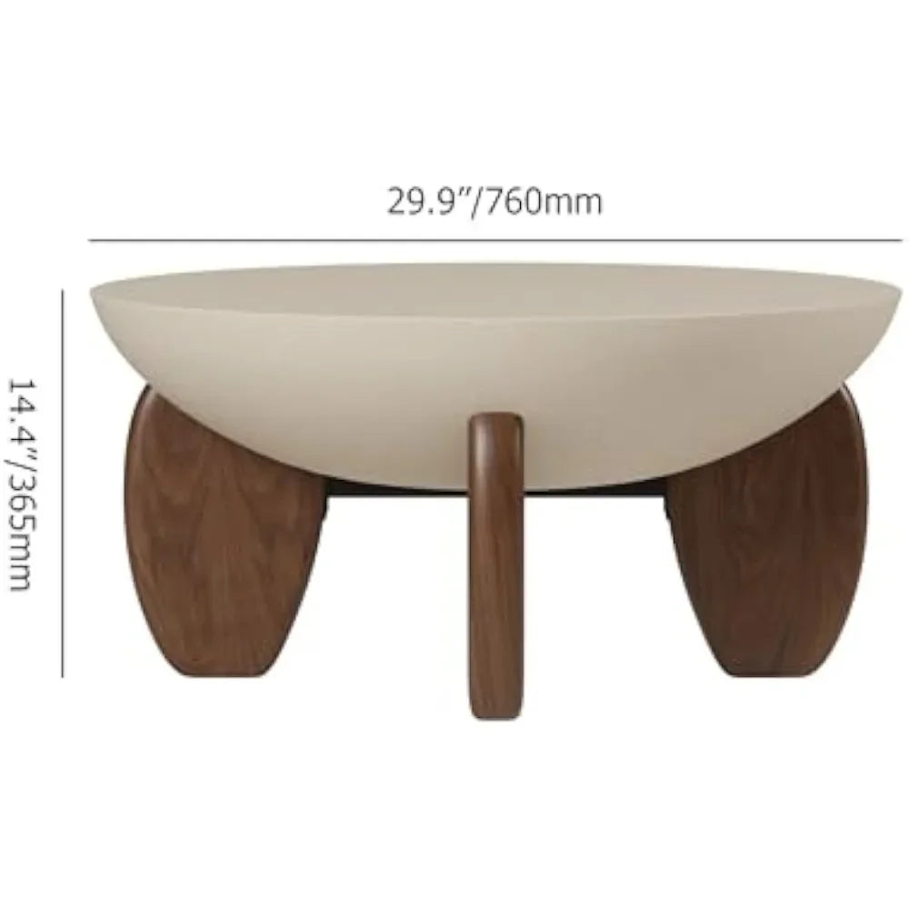 For Round Concrete Coffee Table with Premium Walnut Ash Wood Legs, Modern Minimalist Cement Finish Center Table for Living Room