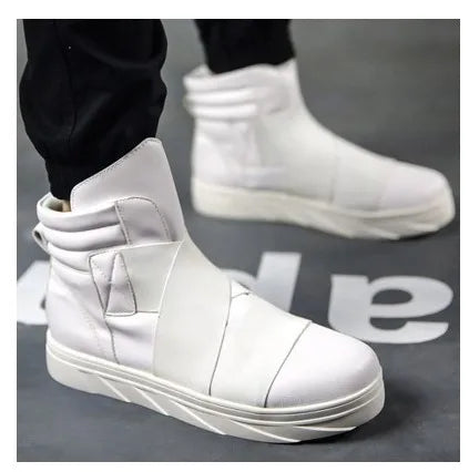 Fashion Pleated Leather Mens Casual Shoes Spring Autumn New High Top Men Boots Ankle Mens Boots Zipper Casual Footwear white