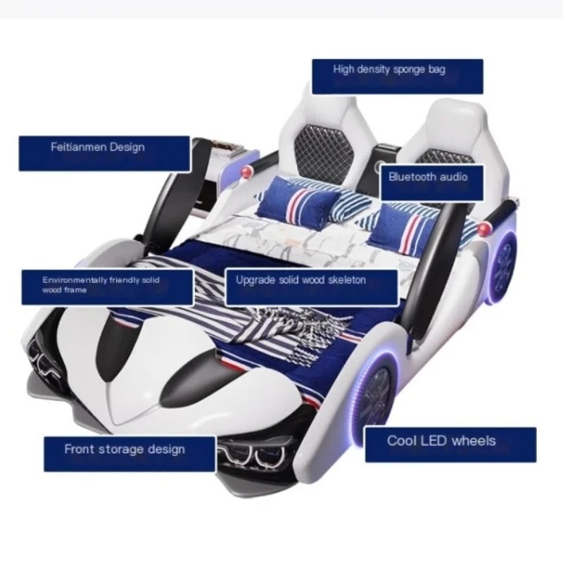 full king size Up down doors car children beds LED lights Bluetooth speakers double kids bedroom bed bed base boy furniture