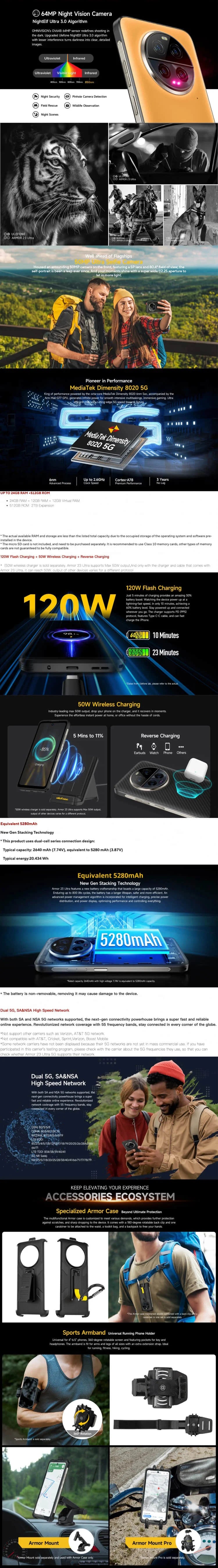 Ulefone Armor 23 Ultra 5G Rugged Phone Satellite Message 120W Smartphone 64MP Night Camera 24GB+512GB NFC Android 13Mobile Phone