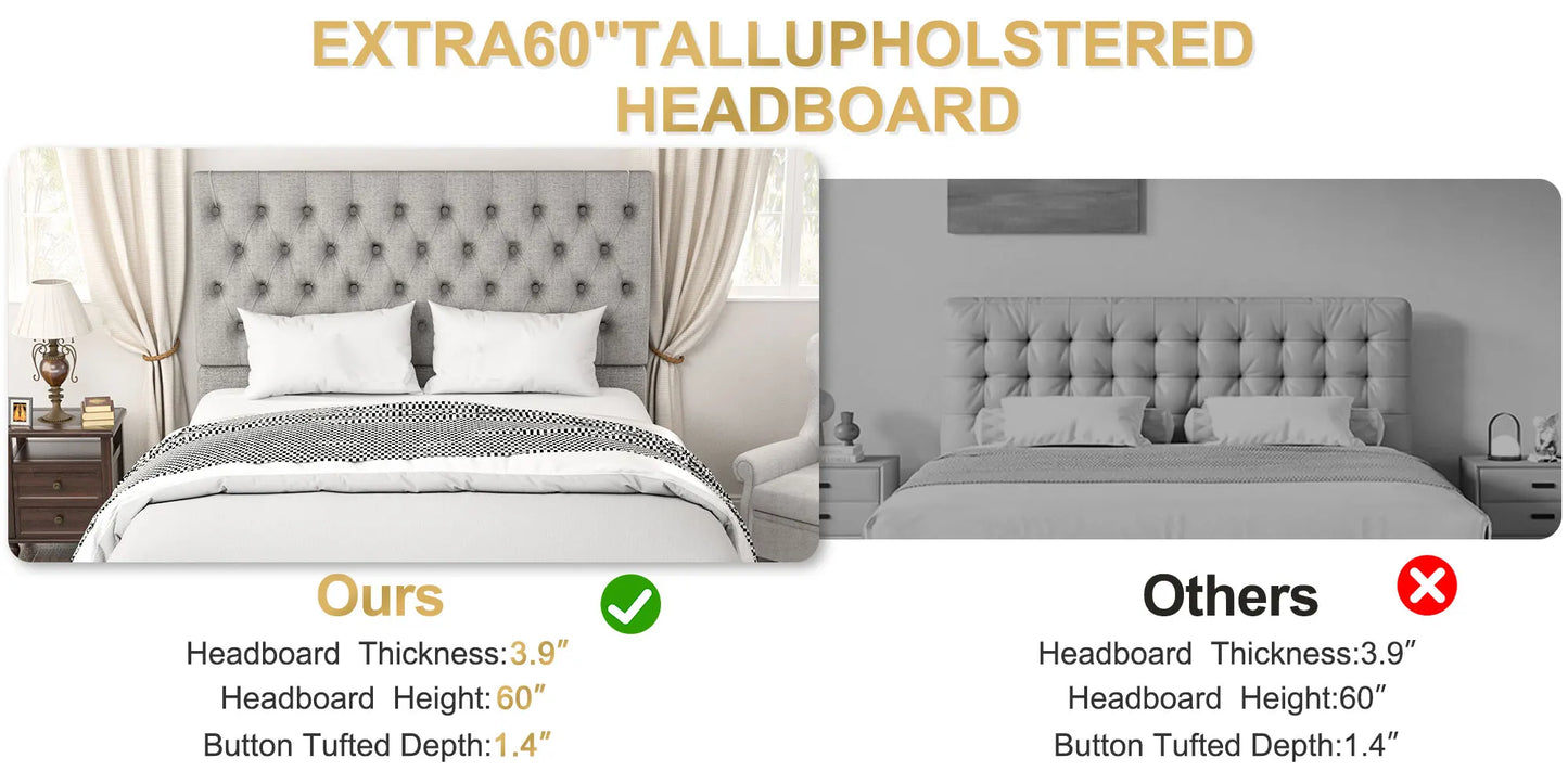 Upholstered Bed Sturdy Frame Easy Assembly Modern High Back Headboard Bed High Stability for Bedroom