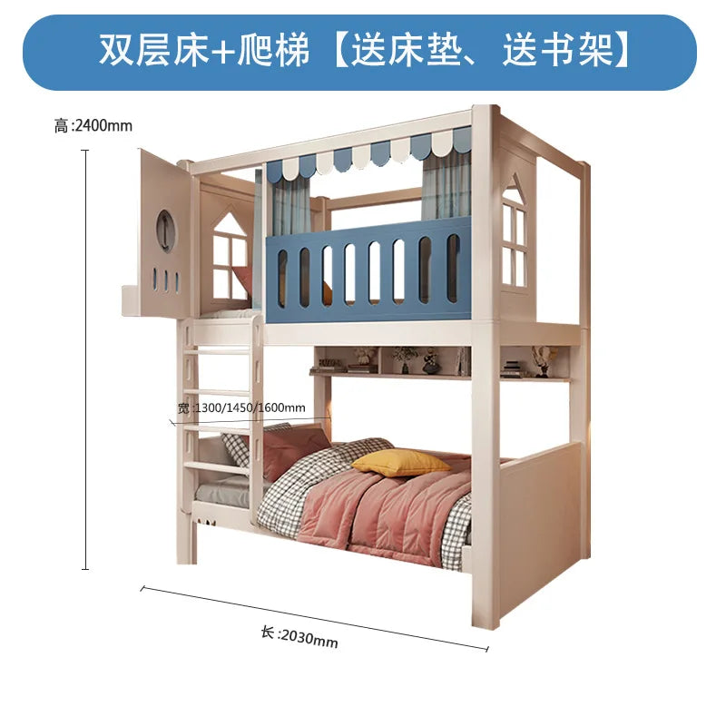 Children's bunk wooden bed Girl with wide and high guardrail with slide Small apartment Castle treehouse bed