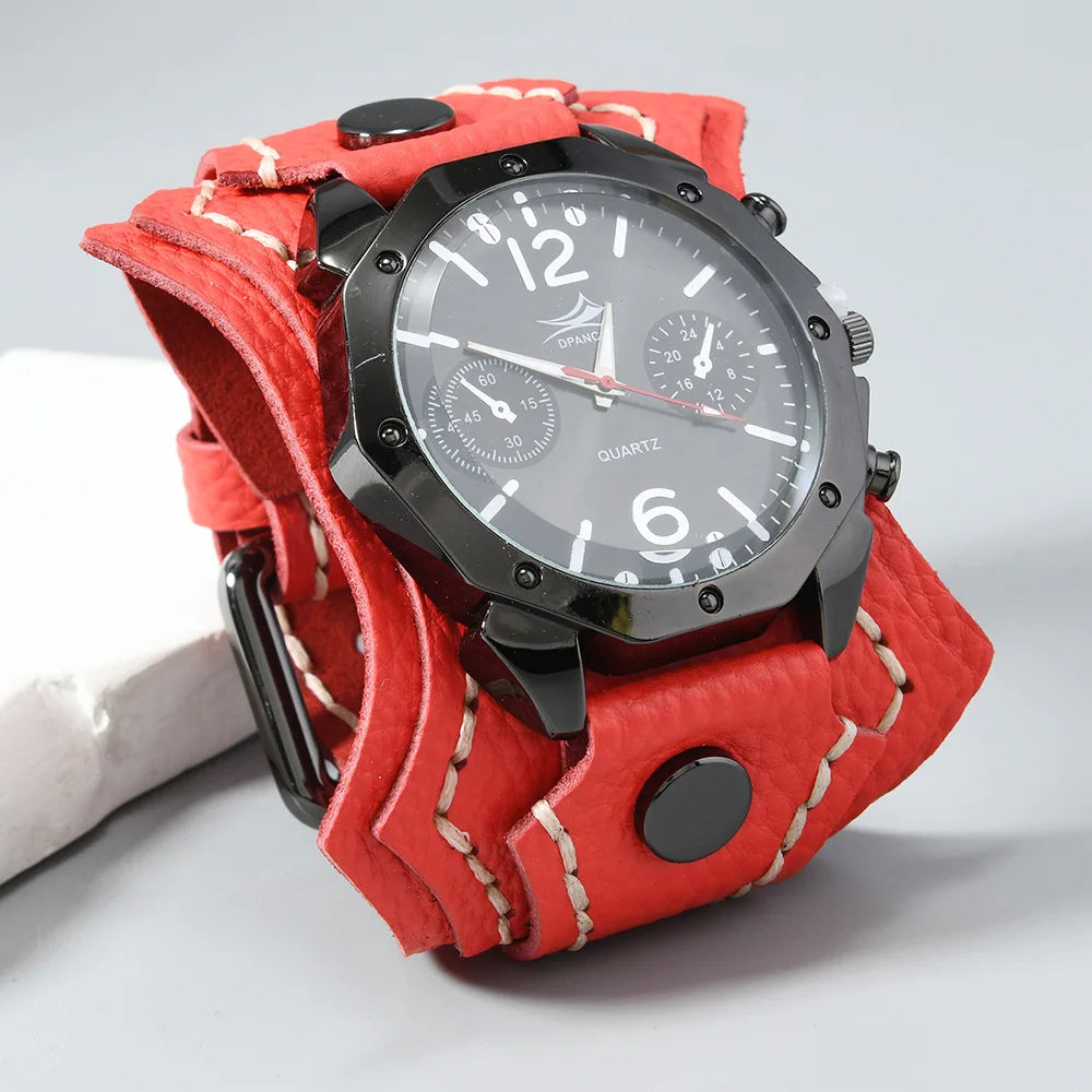Punk Vintage Men's Multi Layer Hand Stitched Cowhide Leather Strap Large Dial Watch