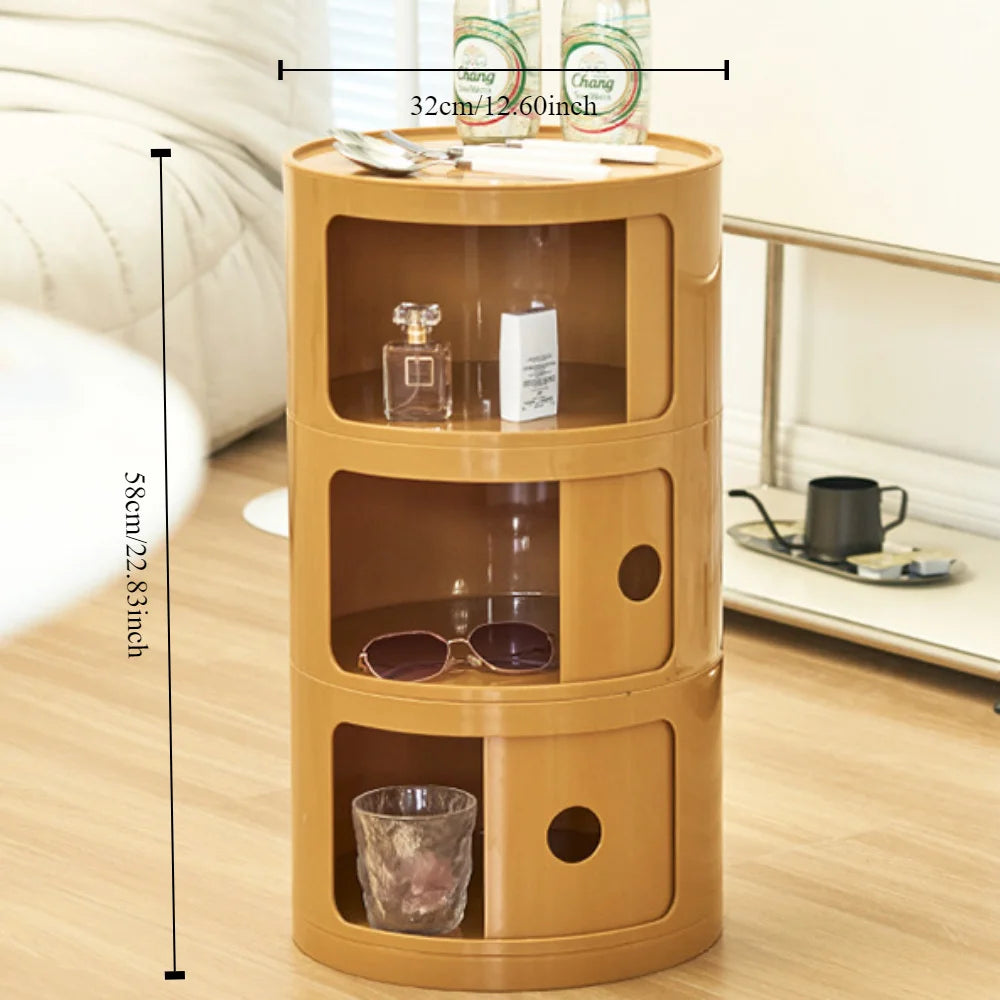 Round Cabinet with Sliding Doors - Multi-Tiered Round Storage Unit for Living Room Bedroom