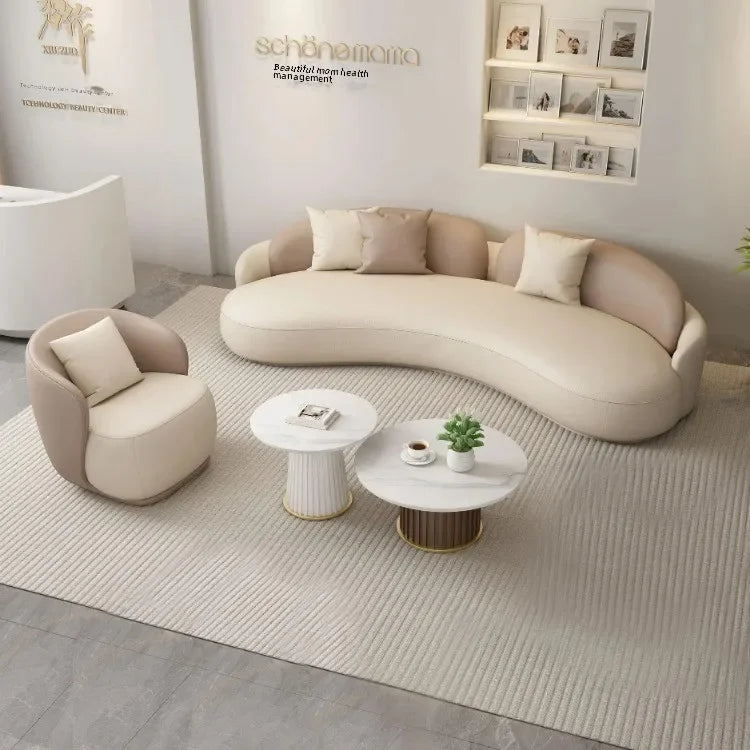 Hotel Sofa, Light Luxury Curved Leather Art Sofa, Cat Scratch Leather, Beauty Salon Rest Set, Sofa and Coffee Table Combination