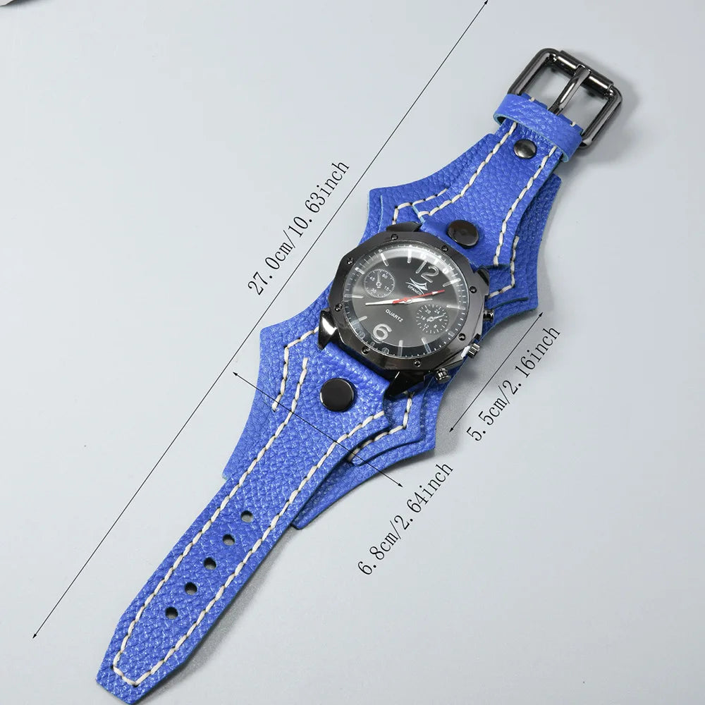 Punk Vintage Men's Multi Layer Hand Stitched Cowhide Leather Strap Large Dial Watch