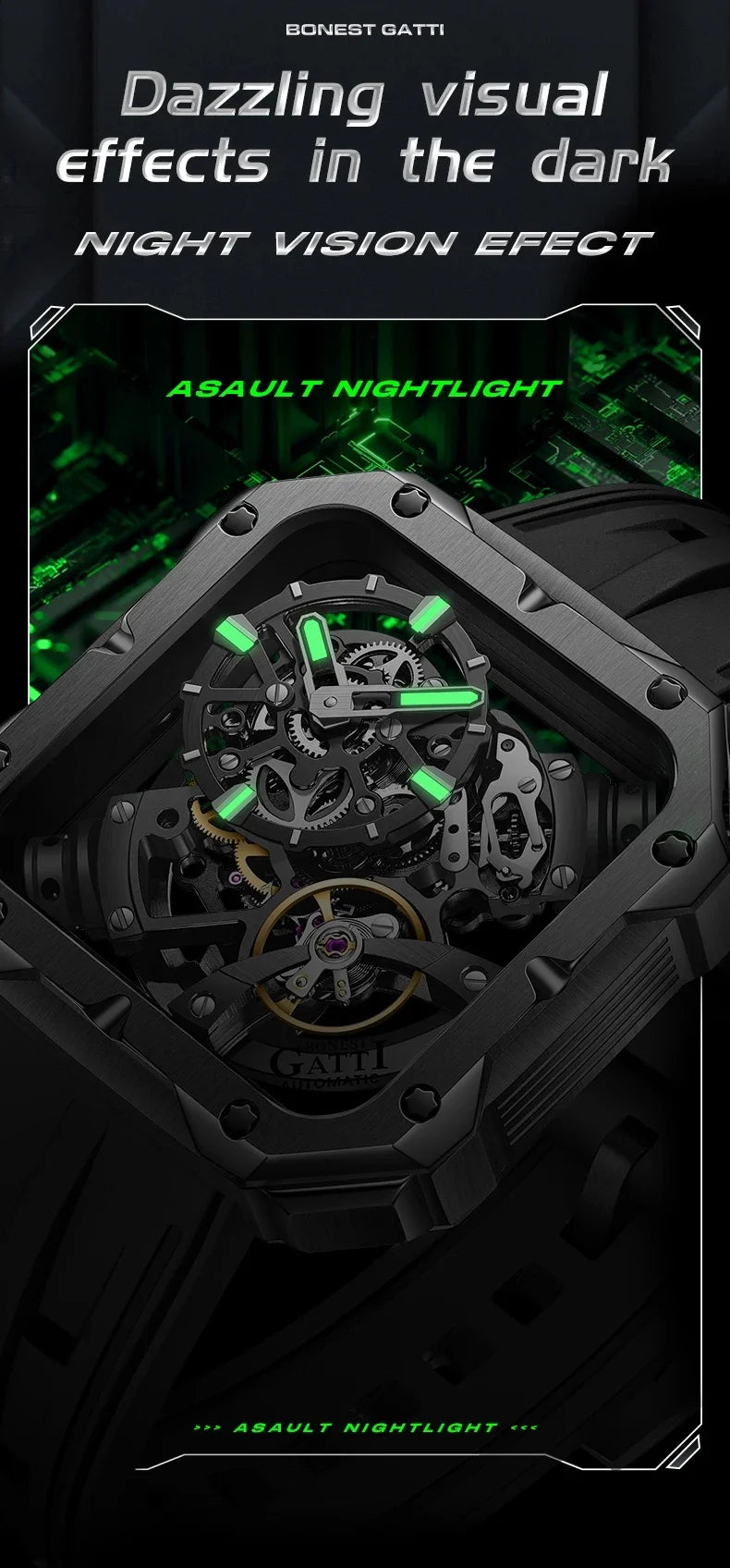 BONEST GATTI Men Automatic Watch 42mm Square Men Mechanical Wristwatch Sapphire Luminous Skeleton Dial Fluororubber Strap 2025