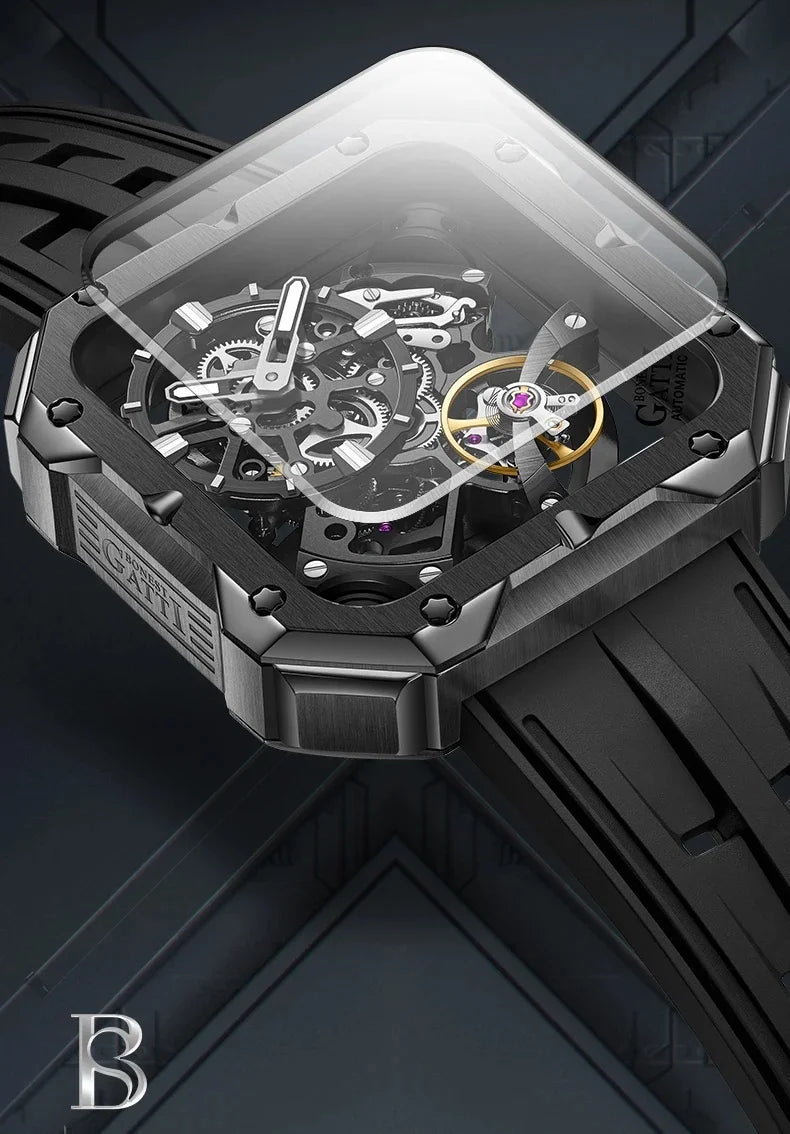 BONEST GATTI Men Automatic Watch 42mm Square Men Mechanical Wristwatch Sapphire Luminous Skeleton Dial Fluororubber Strap 2025