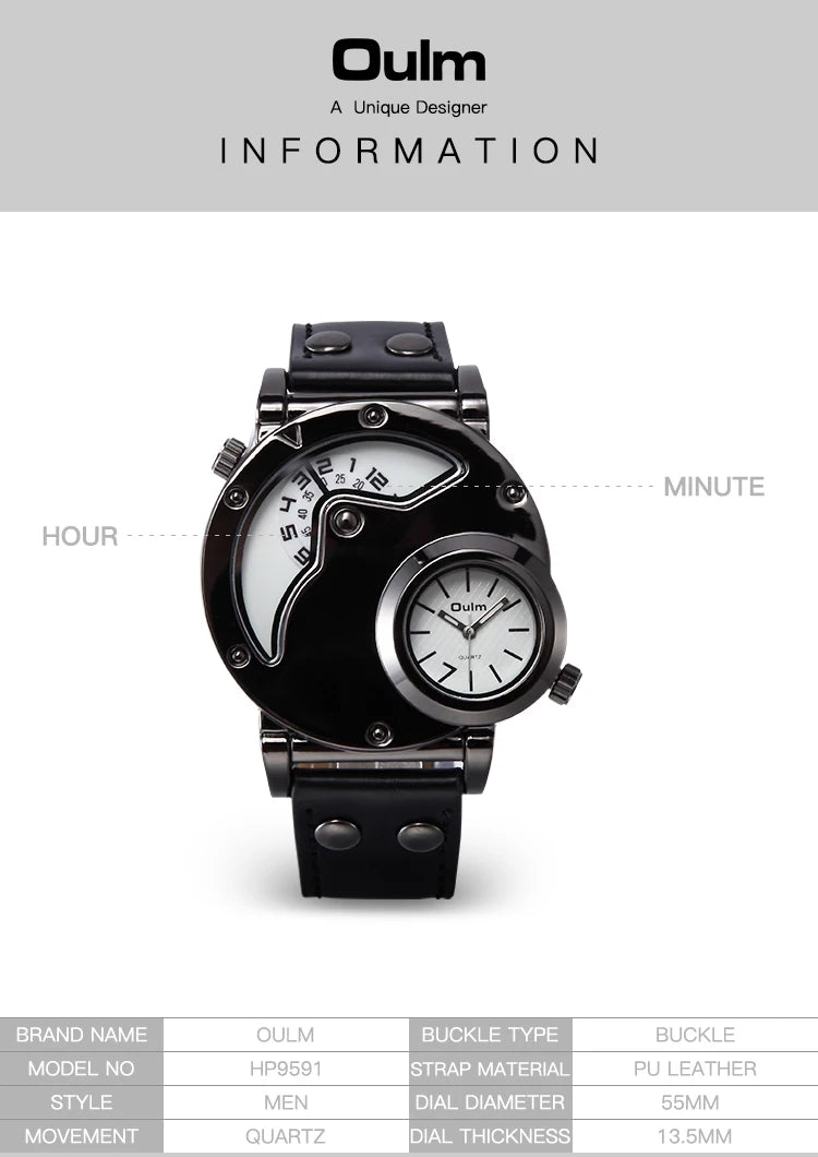 Oulm Designer Brand Luxury Watches For Men Dual Time Quartz Watch Casual Man Leather Watch Sport Male Clock Relogio Masculino
