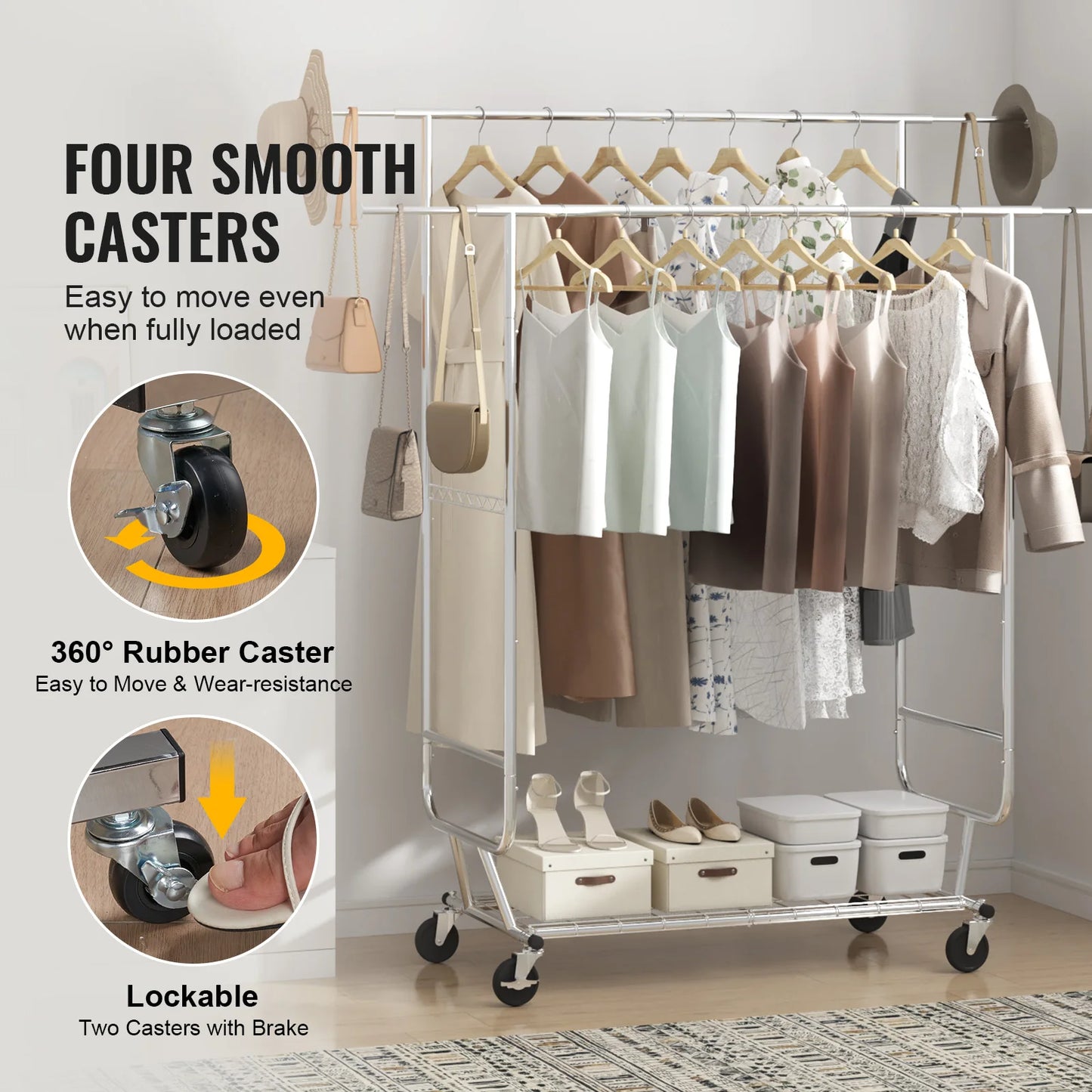 SucceBuy Clothing Garment Rack Heavy Duty Clothes Rack Adjustable Length Clothes Rack w/ Bottom Shelf & Wheels for Laundry Room