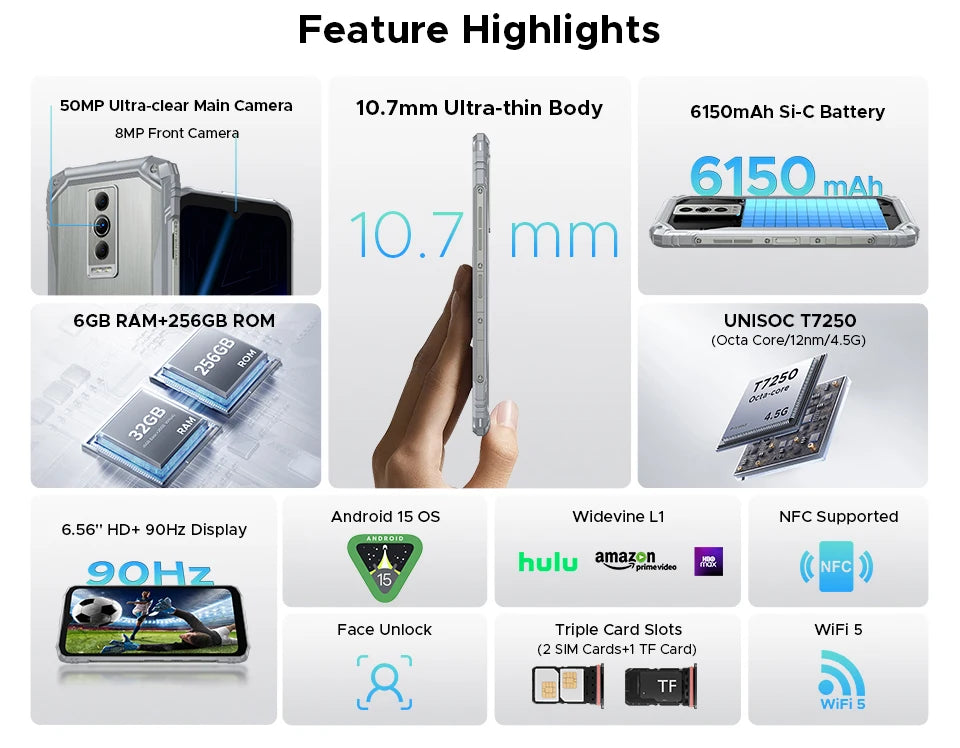 Global Version DOOGEE Blade10 Pro Energy Rugged Phone Gemini AI Android 15 Ultra-thin 6.56'' Screen 6150mAh Battery Smartphone