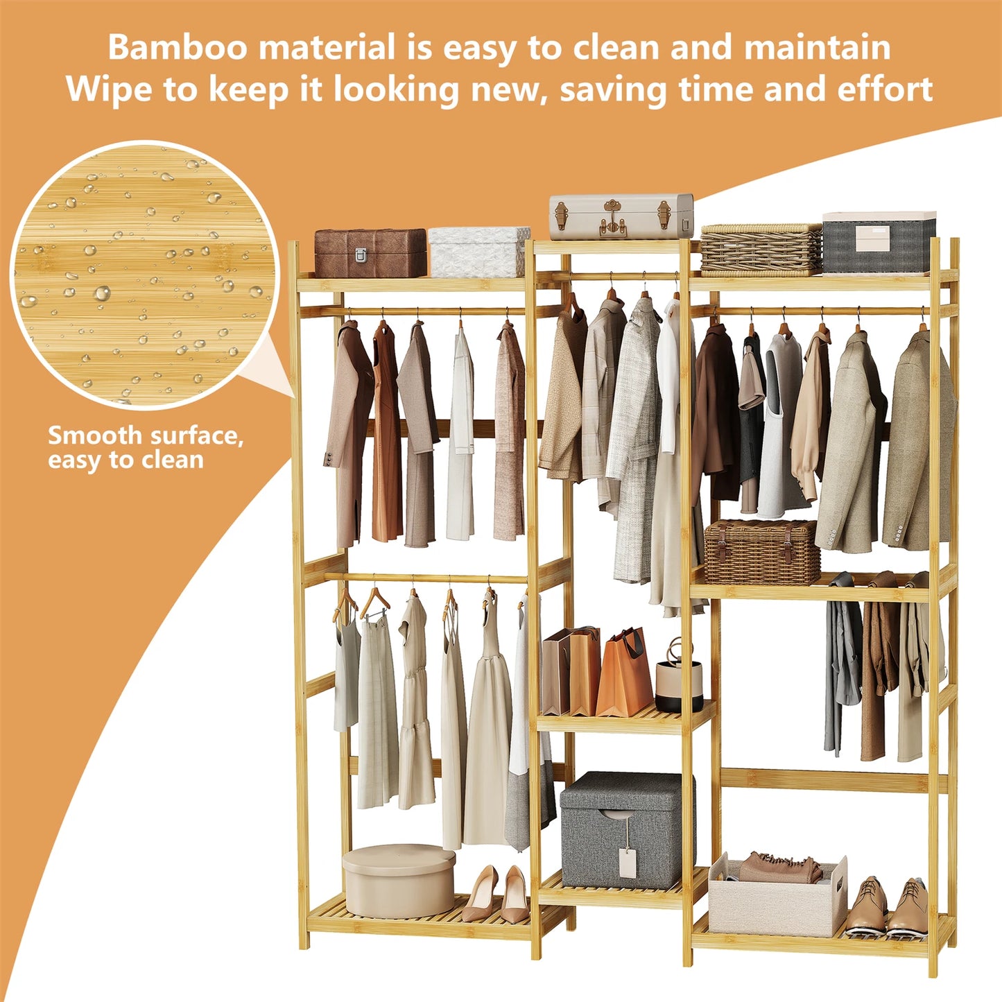 196cm Tall Bamboo Garment Rack Freestanding Clothing Stand Hanging Rod with Shelves Open Wardrobe Organizer for Bedroom Closet