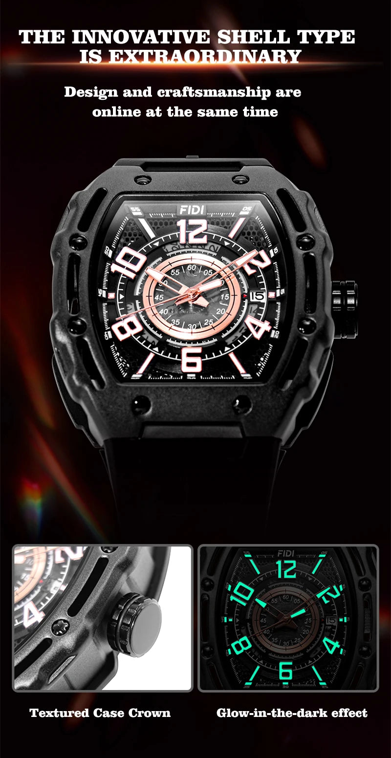 FIDI Luxury Men's Mechanical Watch Hollow Dial Tourbillon Square Case Fashionable Business Sport Waterproof Automatic Watches