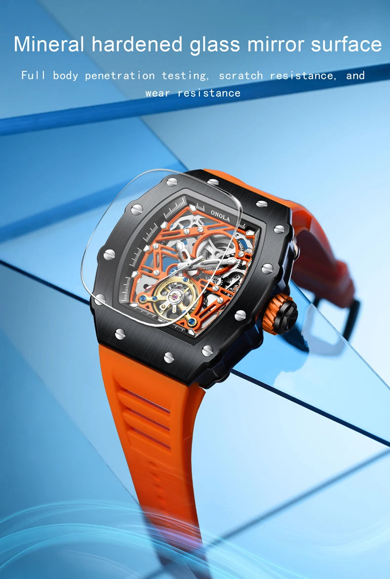 ONOLA 3854 Tonneau Original Automatic Watch for Men Silicone Super Wristwatch Sport Mechanical Clock montres hommes