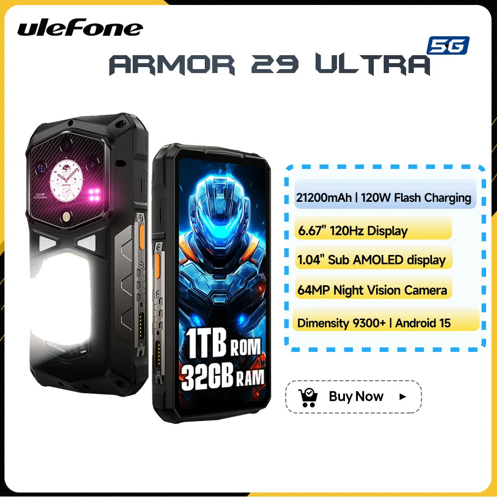 【2025 New】Ulefone Armor 29 Ultra 5G Rugged Phone Smartphone Android 15 32GB+1TB 21200mAh 120W Flash Charging Dual Screen NFC