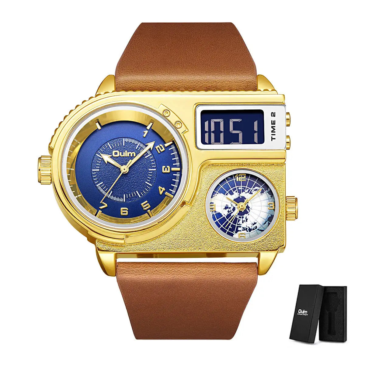 Oulm 5026 Watch Dual Display Two Time Zone Quartz Male Big Wristwatch Men's Genuine Leather Watches