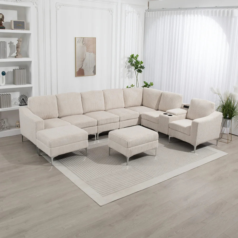 MLG Modular Corduroy Sectional Sofa with Versatile Ottoman,USB Charging, Cupholders for Apartments,Gold Metal Framed Wall Art