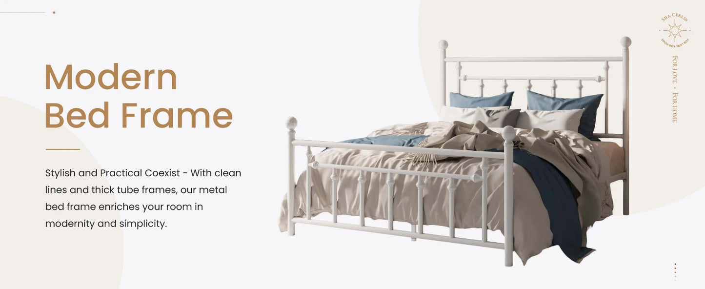 14'' Full Size Metal Platform Bed Frame/Victorian Headboard and Footboard/Steel Slats Mattress Foundation for Storage