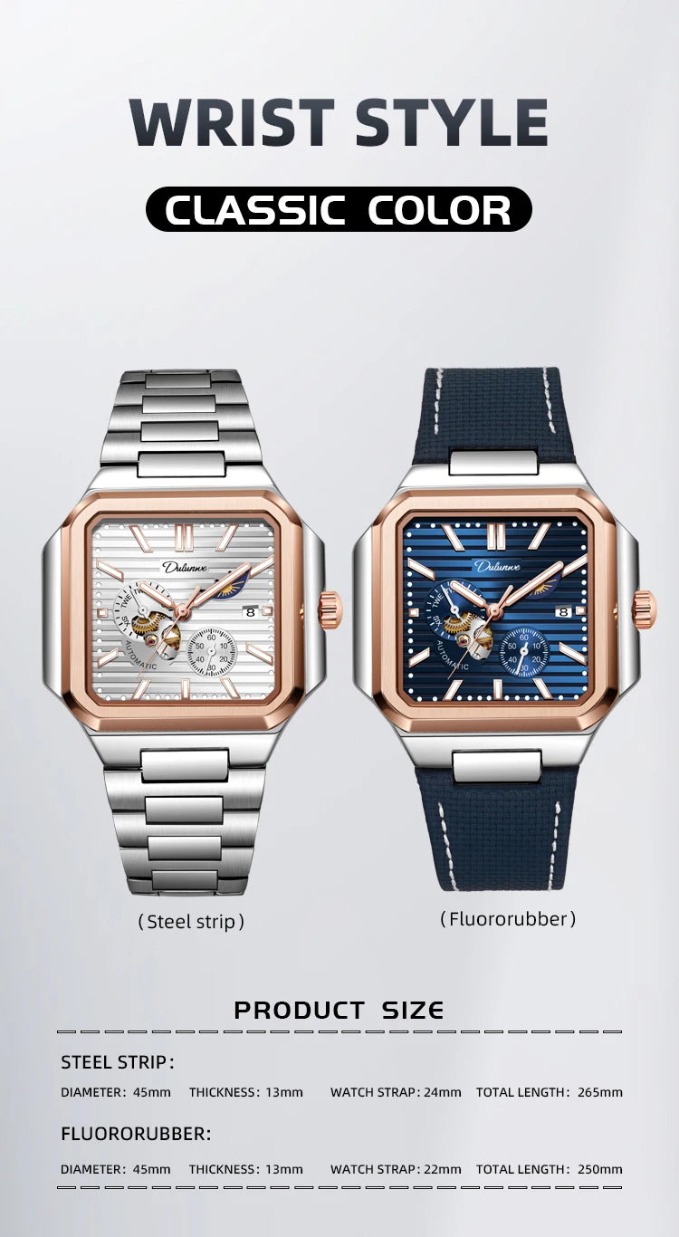 Dulunwe Fashion Men's Watch Automatic Mechanical Multi-function Small Dial Square Design 30M Waterproof Top Brand Wristwatches