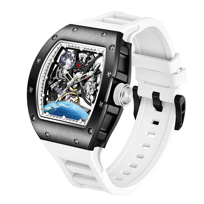 Men's Automatic Watches for Men Fashion Tonneau Mechanical Clock Earth Dial Waterproof Luxury Luminous Skeleton Mens WristWatch