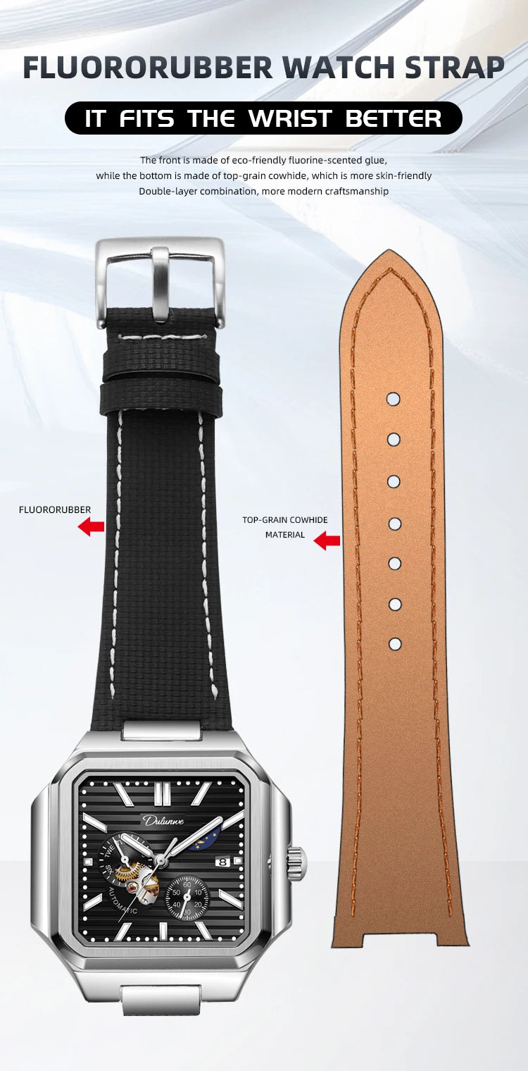 Dulunwe Fashion Men's Watch Automatic Mechanical Multi-function Small Dial Square Design 30M Waterproof Top Brand Wristwatches