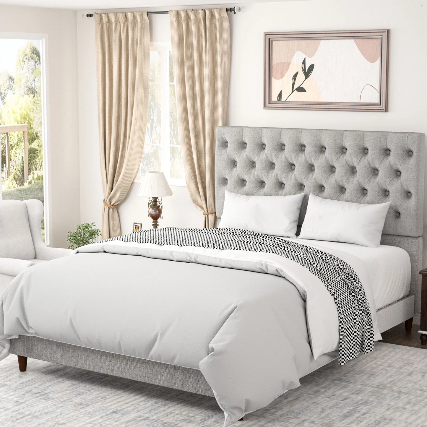 Upholstered Bed Sturdy Frame Easy Assembly Modern High Back Headboard Bed High Stability for Bedroom