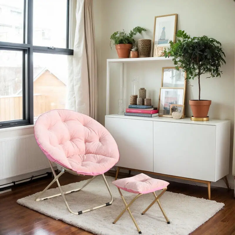 Comfortable Faux Fur Saucer Chair Round Folding Lounge Chair Living Room Flexible Seating for Adults Big Moon Shape Decorative