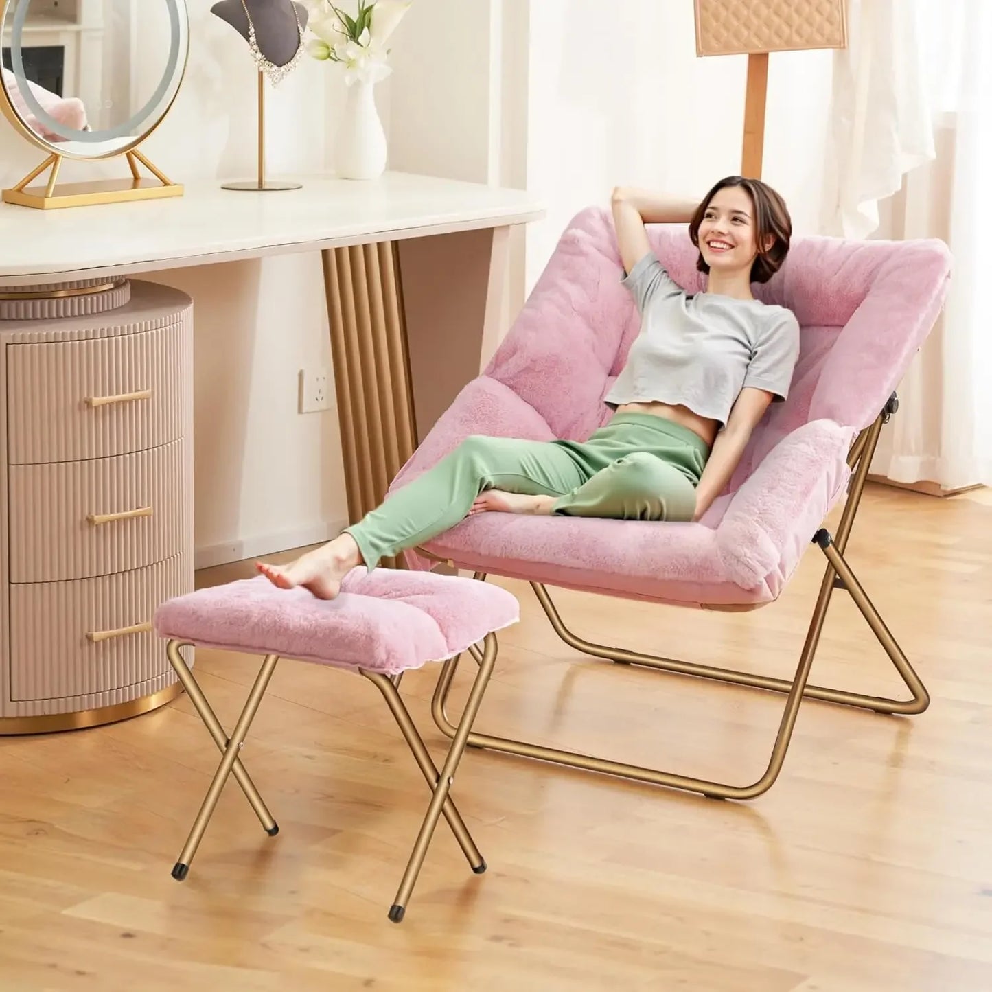 Saucer Chair, Foldable Living Room Chairs, Soft Faux Fur Lounge Chair for Bedroom, Reading Chairs for Adults, Kids