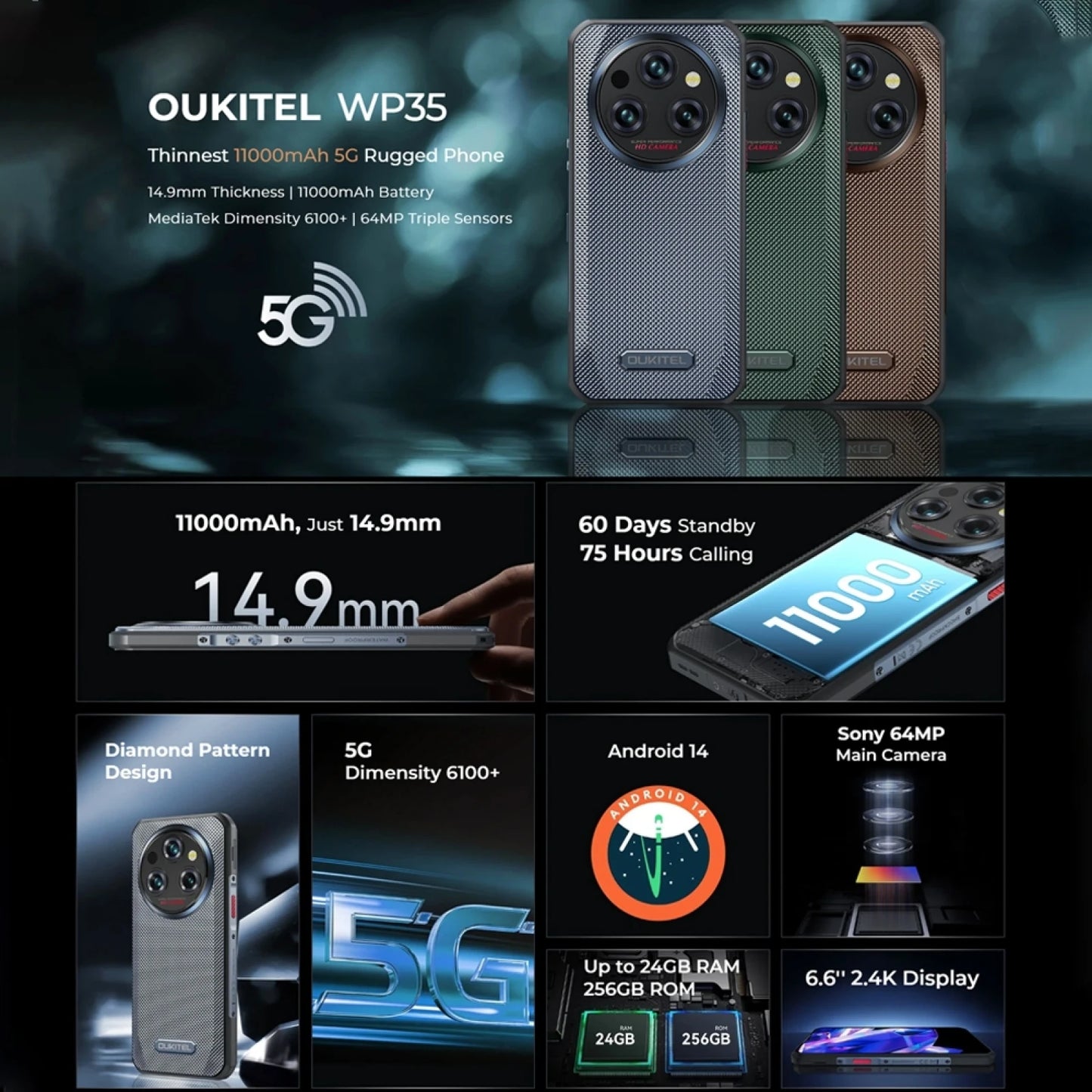 Oukitel WP35 5G Rugged Smartphone 8GB+256GB Android 14 MediaTek Dimensity 6100+ Octa Core 64MP Camera 11000mAh NFC Mobile Phone