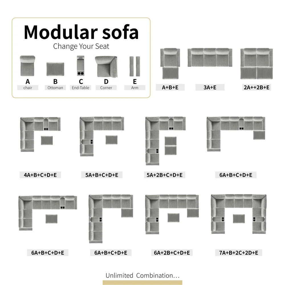 MLG Modular Corduroy Sectional Sofa with Versatile Ottoman,USB Charging, Cupholders for Apartments,Gold Metal Framed Wall Art