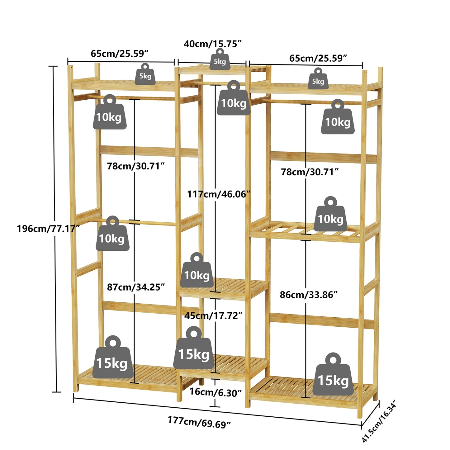196cm Tall Bamboo Garment Rack Freestanding Clothing Stand Hanging Rod with Shelves Open Wardrobe Organizer for Bedroom Closet