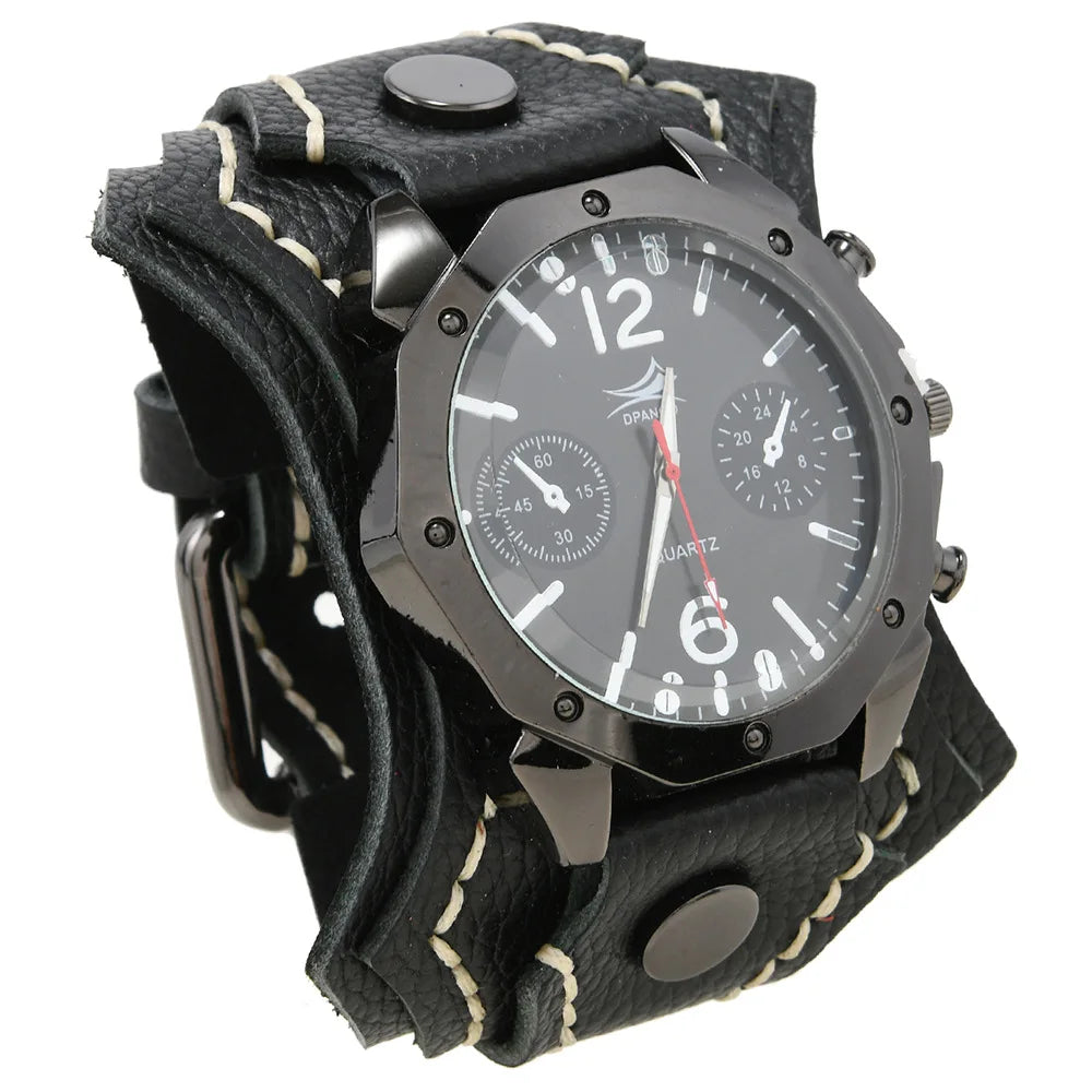 Punk Vintage Men's Multi Layer Hand Stitched Cowhide Leather Strap Large Dial Watch