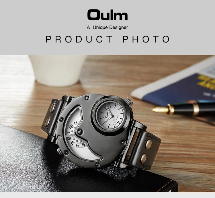 Oulm Designer Brand Luxury Watches For Men Dual Time Quartz Watch Casual Man Leather Watch Sport Male Clock Relogio Masculino