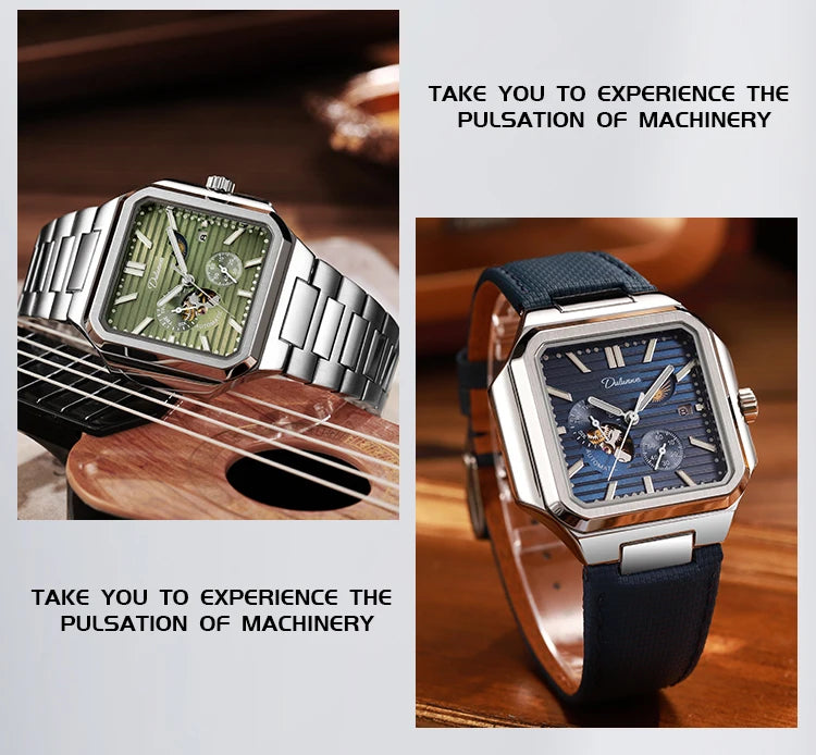 Dulunwe Fashion Men's Watch Automatic Mechanical Multi-function Small Dial Square Design 30M Waterproof Top Brand Wristwatches