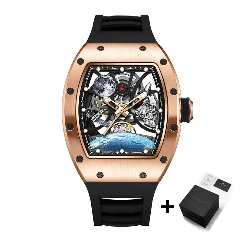 Men's Automatic Watches for Men Fashion Tonneau Mechanical Clock Earth Dial Waterproof Luxury Luminous Skeleton Mens WristWatch