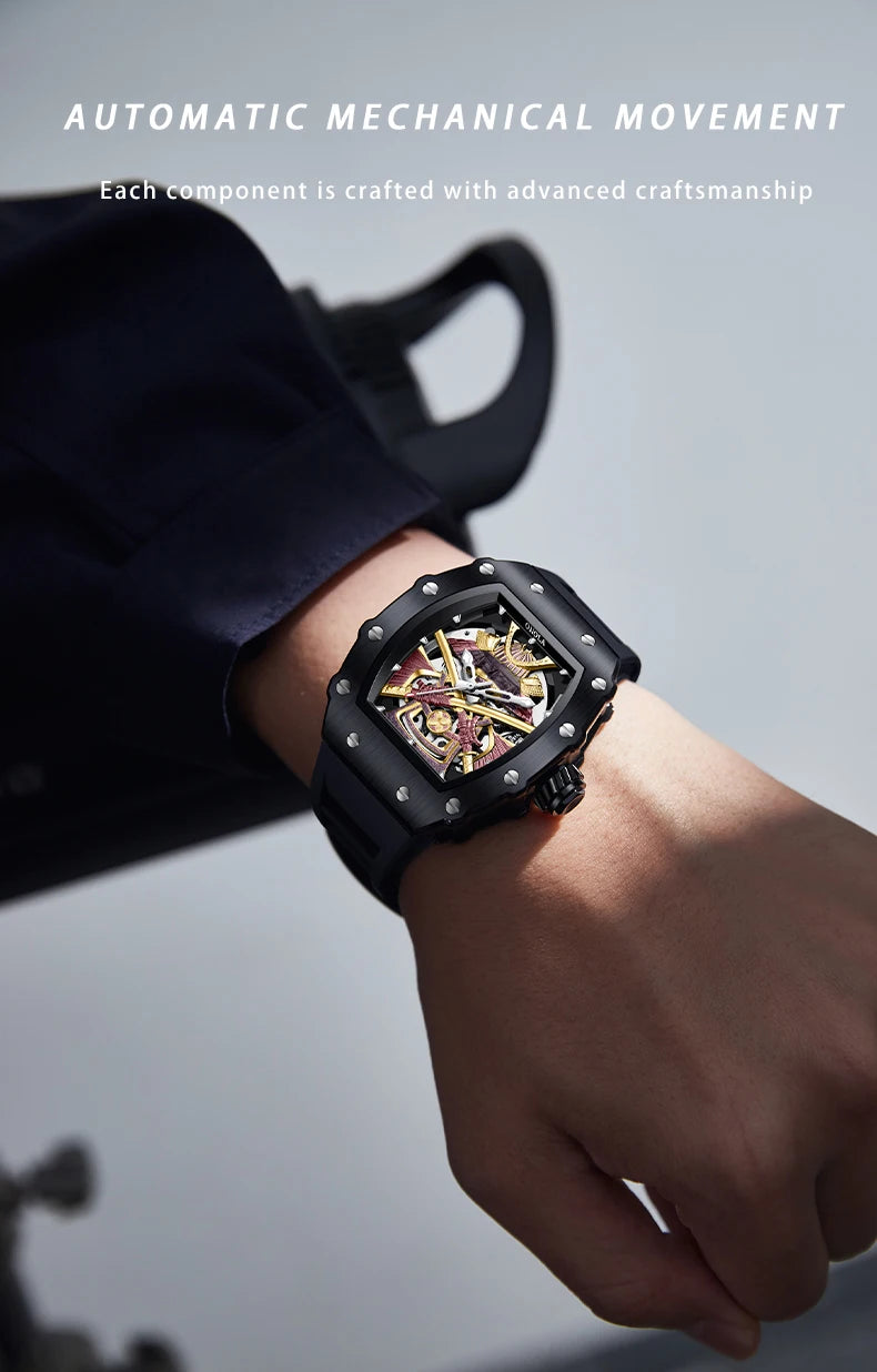 ONOLA 3865 Automatic Mechanical Tonneau Watch For Men Luxury Cool Watch Large Dial Silicone Men Watch reloj automático hombre