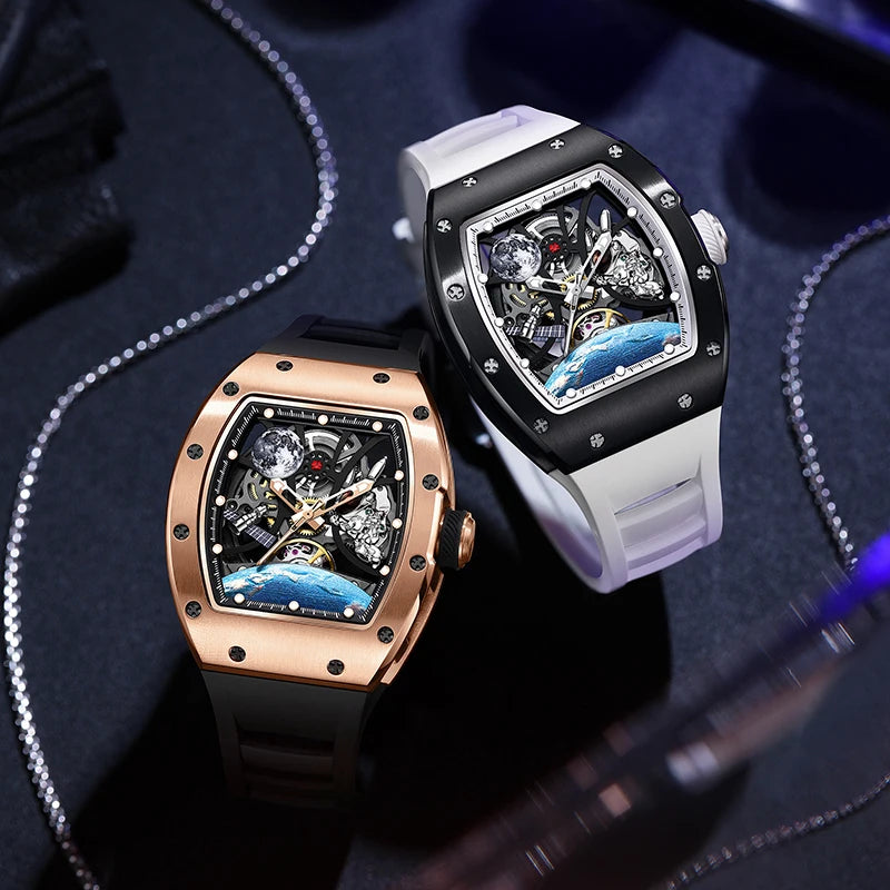 Men's Automatic Watches for Men Fashion Tonneau Mechanical Clock Earth Dial Waterproof Luxury Luminous Skeleton Mens WristWatch