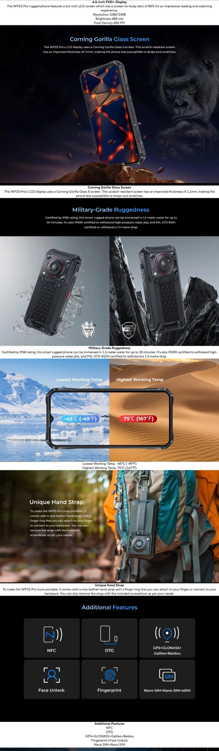 Rugged Oukitel WP33 Pro 5G Smartphone 22000mAh 6.6" FHD+ Cellphone 8GB 256GB Mobile Phone 64MP Camera 33W Fast Charger