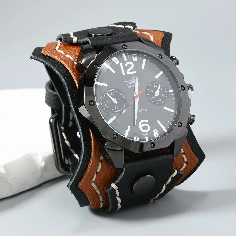 Punk Vintage Men's Multi Layer Hand Stitched Cowhide Leather Strap Large Dial Watch