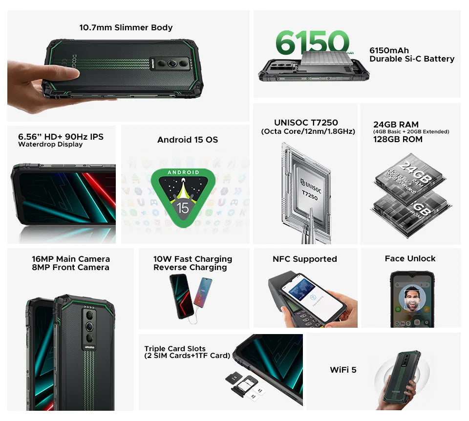 Global Version DOOGEE Blade10 Energy Rugged Phone Ultra-thin Android 15 6150mAh Battery 6.56'' Screen Widevine L1 Smartphone